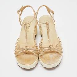 Pre Owned Chanel Cream Leather CC Wedge Sandals Size 37.5
