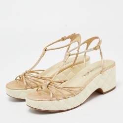 Pre Owned Chanel Cream Leather CC Wedge Sandals Size 37.5