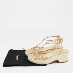Pre Owned Chanel Cream Leather CC Wedge Sandals Size 37.5