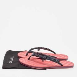 Pre Owned Chanel Navy Blue Leather Interlocking CC Logo Flip Flops Size 37.5