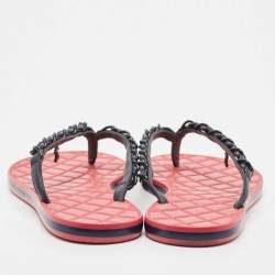 Pre Owned Chanel Navy Blue Leather Interlocking CC Logo Flip Flops Size 37.5