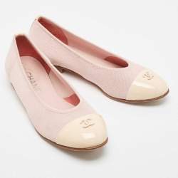 Pre Owned Chanel Pink/Beige Canvas and Patent Cap Toe CC Ballet Flats Size 37.5