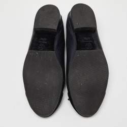 Pre Owned Chanel Metallic Blue/Black Leather and Velvet CC Cap-Toe Bow Ballet Flats Size 40.5