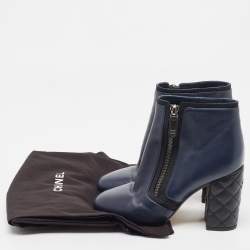 Chanel Blue Leather CC Block Heel Ankle Boots Size 36
