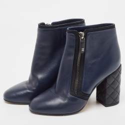 Chanel Blue Leather CC Block Heel Ankle Boots Size 36