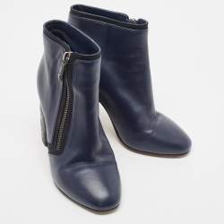 Chanel Blue Leather CC Block Heel Ankle Boots Size 36