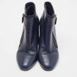 Chanel Blue Leather CC Block Heel Ankle Boots Size 36