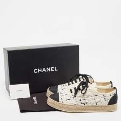 Chanel White/Black Tweed and Grosgrain CC Lace Up Espadrilles Sneakers Size 38
