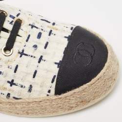 Chanel White/Black Tweed and Grosgrain CC Lace Up Espadrilles Sneakers Size 38