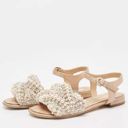 Chanel Beige Faux Pearl Slide Flat Sandals Size 36