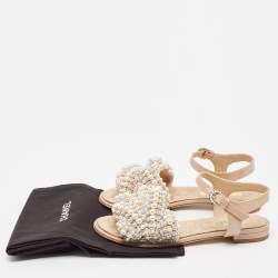 Chanel Beige Faux Pearl Slide Flat Sandals Size 36