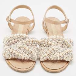 Chanel Beige Faux Pearl Slide Flat Sandals Size 36