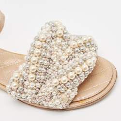 Chanel Beige Faux Pearl Slide Flat Sandals Size 36