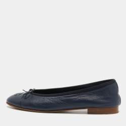Chanel Navy Blue Leather CC Cap Toe Ballet Flats Size 39