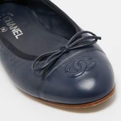 Chanel Navy Blue Leather CC Cap Toe Ballet Flats Size 39