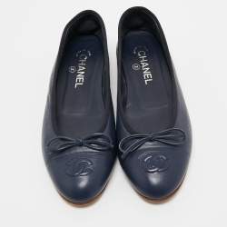 Chanel Navy Blue Leather CC Cap Toe Ballet Flats Size 39