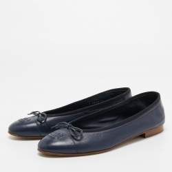 Chanel Navy Blue Leather CC Cap Toe Ballet Flats Size 39