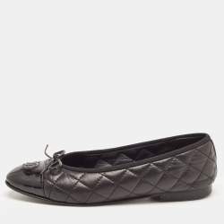 Chanel Black Quilted Leather and Patent CC Cap Toe Bow Ballet Flats Size 37.5