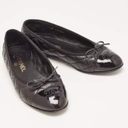 Chanel Black Quilted Leather and Patent CC Cap Toe Bow Ballet Flats Size 37.5