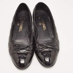 Chanel Black Quilted Leather and Patent CC Cap Toe Bow Ballet Flats Size 37.5
