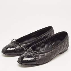 Chanel Black Quilted Leather and Patent CC Cap Toe Bow Ballet Flats Size 37.5