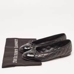 Chanel Black Quilted Leather and Patent CC Cap Toe Bow Ballet Flats Size 37.5