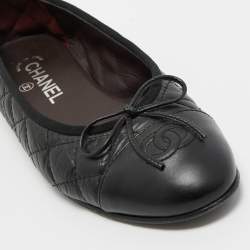 Pre Owned Chanel Black Leather CC Ballet Flats Size 37.5