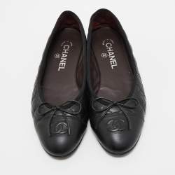 Pre Owned Chanel Black Leather CC Ballet Flats Size 37.5