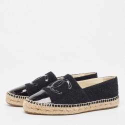 Pre Owned Chanel Black Fabric and Patent CC Espadrille Flats Size 38