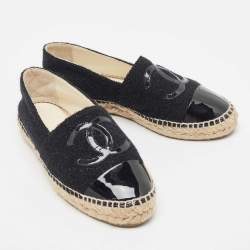 Pre Owned Chanel Black Fabric and Patent CC Espadrille Flats Size 38