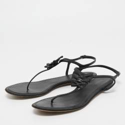 Chanel Black Leather interlocking CC Logo T Strap Sandals Size 40.5
