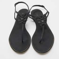 Chanel Black Leather interlocking CC Logo T Strap Sandals Size 40.5