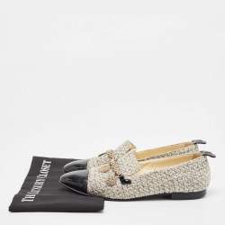 Pre Owned Chanel Beige/Black Tweed and Patent Chain-Link Loafers Size 37.5