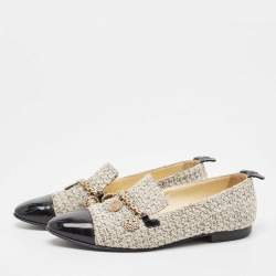 Pre Owned Chanel Beige/Black Tweed and Patent Chain-Link Loafers Size 37.5