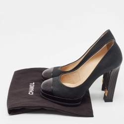 Chanel Black Nubuck Leather Cap Toe Block Heel  Pumps Size 36.5