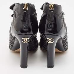 Chanel Black Pleated Leather Knotted Bow Open Toe Booties Size 38