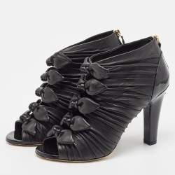 Chanel Black Pleated Leather Knotted Bow Open Toe Booties Size 38