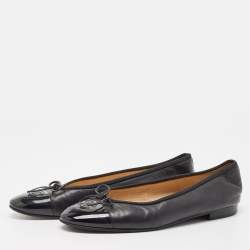 Pre Owned Chanel Black Leather and Patent CC Cap Toe Bow Ballet Flats Size 40