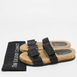 Chanel Black Leather And Canvas CC Velcro Espadrille Flat Sandals Size 37