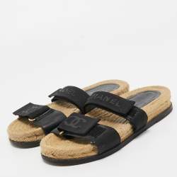 Chanel Black Leather And Canvas CC Velcro Espadrille Flat Sandals Size 37