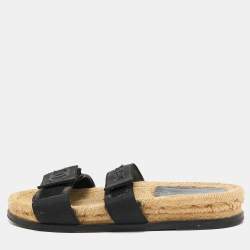 Chanel Black Leather And Canvas CC Velcro Espadrille Flat Sandals Size 37
