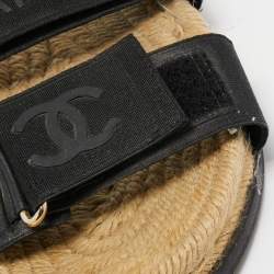 Chanel Black Leather And Canvas CC Velcro Espadrille Flat Sandals Size 37