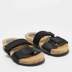 Chanel Black Leather And Canvas CC Velcro Espadrille Flat Sandals Size 37