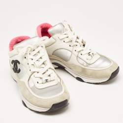 Pre Owned Chanel White/Black Suede and Leather CC Low Top Sneakers Size 36