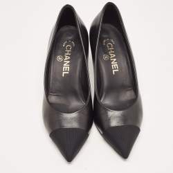 Chanel Black Leather and Canvas CC Pointed Toe Pumps Size 36
