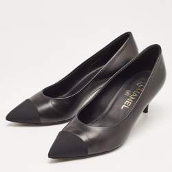 Chanel Black Leather and Canvas CC Pointed Toe Pumps Size 36