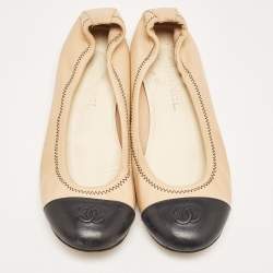 Pre Owned Chanel Beige/Black Leather CC Ballet Flats Size 36.5