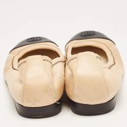Pre Owned Chanel Beige/Black Leather CC Ballet Flats Size 36.5