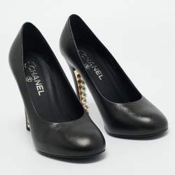 Pre Owned Chanel Black Leather CC Pearl Embellished Heel Pumps Size 39