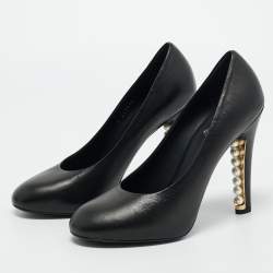 Pre Owned Chanel Black Leather CC Pearl Embellished Heel Pumps Size 39